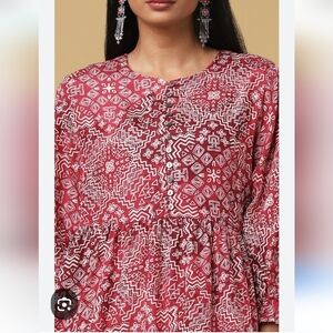 Marigold Lane Women's Red Patterned Button Long-Sleeve Peplum Blouse NWT SZ S